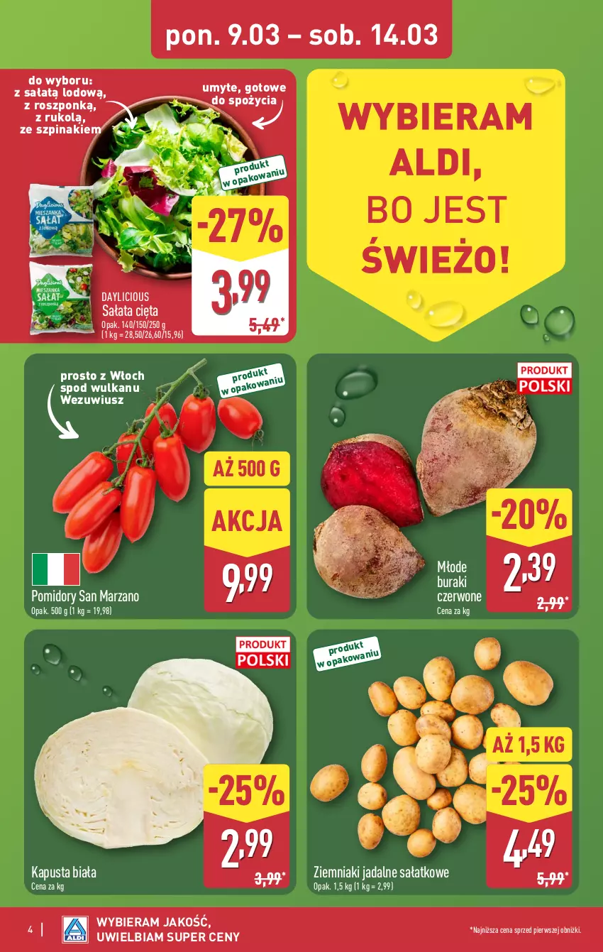 Gazetka promocyjna Aldi - Pełna oferta - ważna 09.03 do 14.03.2026 - strona 4 - produkty: Buraki, Pomidory, Sałat, Szpinak, Ziemniaki