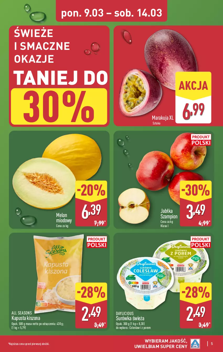 Gazetka promocyjna Aldi - Pełna oferta - ważna 09.03 do 14.03.2026 - strona 5 - produkty: All Seasons, Jabłka, Melon, Por, Surówka, Szampion