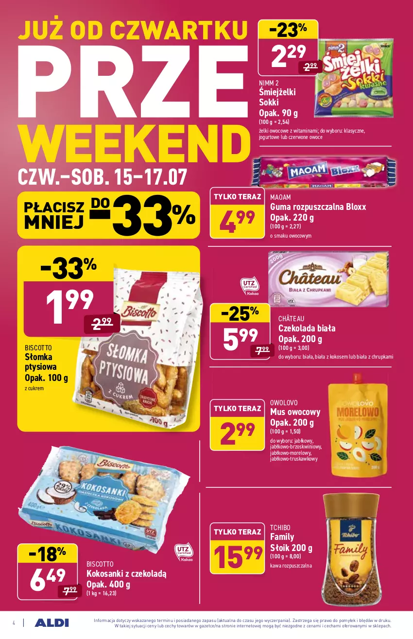 Gazetka promocyjna Aldi - PROMOCJE NA WEEKEND - ważna 15.07 do 17.07.2021 - strona 4 - produkty: Czekolada, Fa, Guma rozpuszczalna, Jogurt, Kawa, Kawa rozpuszczalna, Kokos, Mus, Owoce, Sanki, Sok, Tchibo, Tchibo Family, Tera