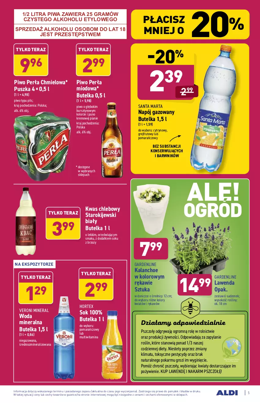 Gazetka promocyjna Aldi - PROMOCJE NA WEEKEND - ważna 15.07 do 17.07.2021 - strona 5 - produkty: Bursztyn, Chleb, Gin, Gra, Gry, Hortex, Kalanchoe, Kije, Napój, Napój gazowany, Perła, Piwa, Piwo, Ser, Sok, Tera, Woda, Woda mineralna