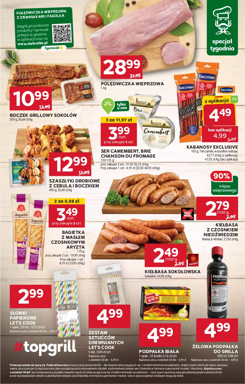 Gazetka promocyjna Stokrotka - Supermarket - ważna 22.08 do 28.08.2024 - strona 13 - produkty: Bagietka, Boczek, Brie, Camembert, Fa, Grill, HP, Kabanos, Kiełbasa, Papier, Polędwiczka wieprzowa, Ser, Sok, Sokołów, Sos, Zestaw sztućców