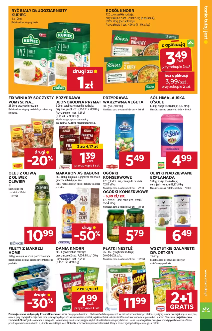 Gazetka promocyjna Stokrotka - Supermarket - ważna 22.08 do 28.08.2024 - strona 21 - produkty: Babuni, Dr. Oetker, Gala, Galaretki, Gra, HP, Knorr, Kupiec, LANA, Makaron, Nestlé, Ogórki konserwowe, Olej, Oliwki, Piec, Prymat, Rosół, Ryż, Ryż biały, Ser, Sól, Sól himalajska, Vegeta, Winiary