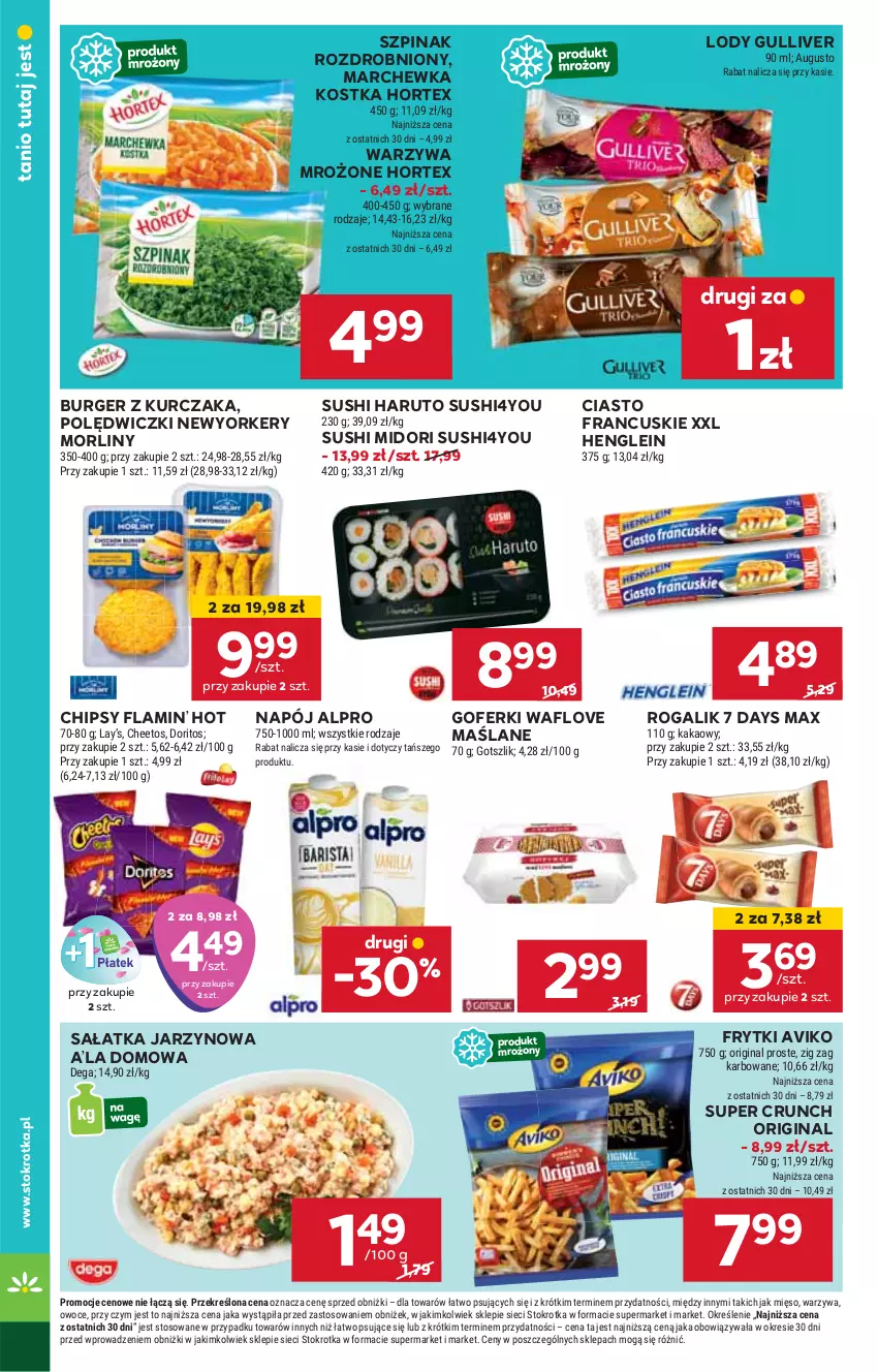 Gazetka promocyjna Stokrotka - Supermarket - ważna 22.08 do 28.08.2024 - strona 22 - produkty: 7 Days, Alpro, Burger, Chipsy, Ciasto francuskie, Frytki, Gin, Hortex, HP, Kurczak, Lody, Marchewka, Morliny, Napój, Rogal, Sałat, Sałatka, Sushi, Szpinak, Warzywa