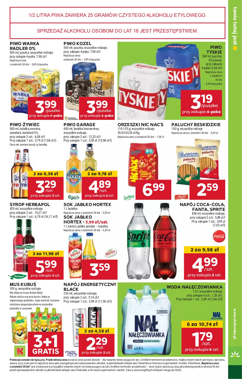 Gazetka promocyjna Stokrotka - Supermarket - ważna 22.08 do 28.08.2024 - strona 23 - produkty: Beskidzki, Coca-Cola, Fa, Fanta, Gra, Herbapol, Hortex, HP, Kozel, Kubuś, Lack, Mus, Nałęczowianka, Napój, Napój energetyczny, Orzeszki, Piwa, Piwo, Radler, Sok, Sprite, Syrop, Tyskie, Warka, Woda