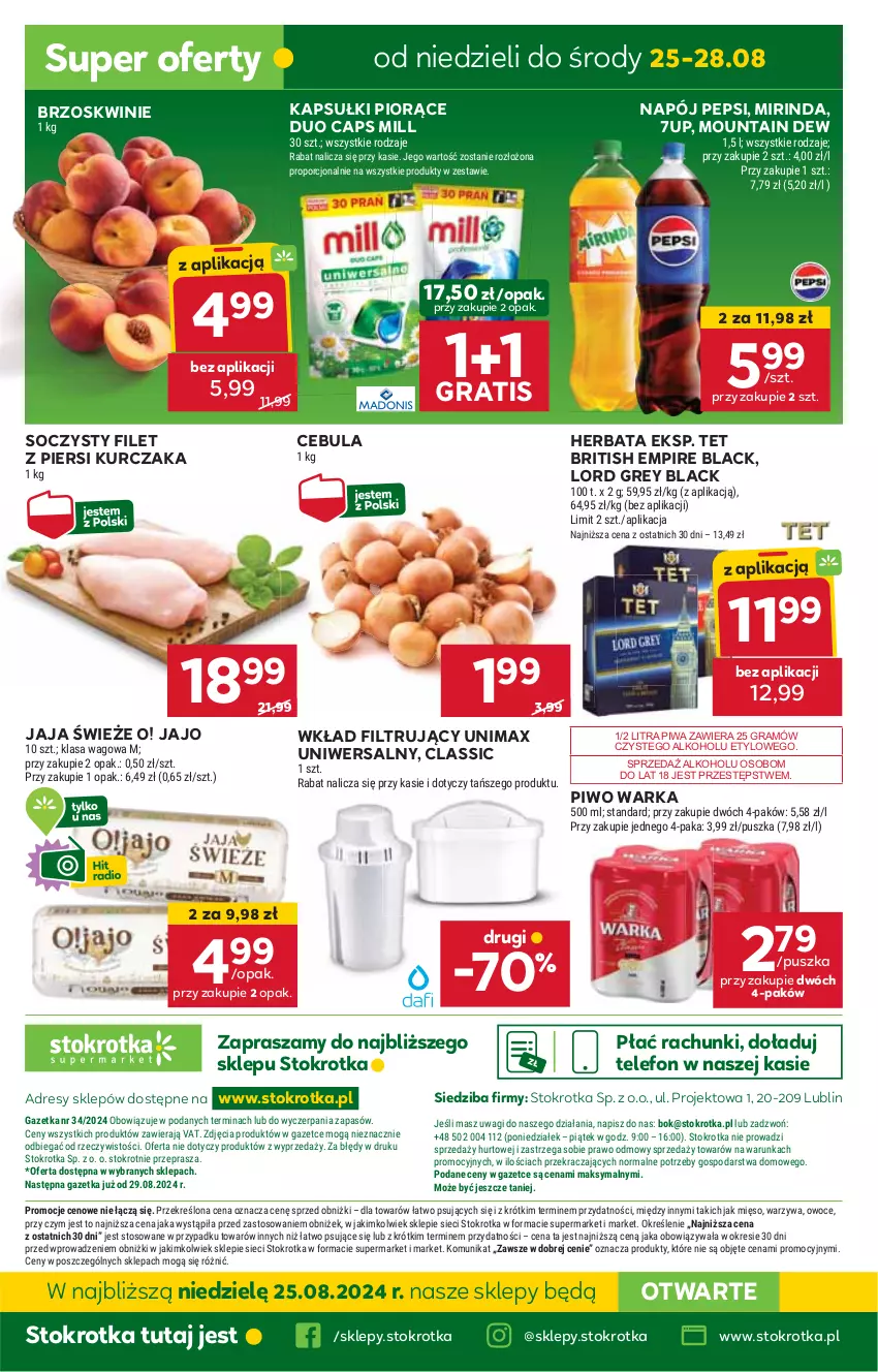 Gazetka promocyjna Stokrotka - Supermarket - ważna 22.08 do 28.08.2024 - strona 31 - produkty: 7up, Brit, Brzoskwinie, Cebula, Dres, Filet z piersi kurczaka, Gra, Herbata, HP, Jaja, JBL, Kurczak, Lack, Mirinda, Napój, Pepsi, Piwa, Piwo, Telefon, Warka, Wkład filtrujący