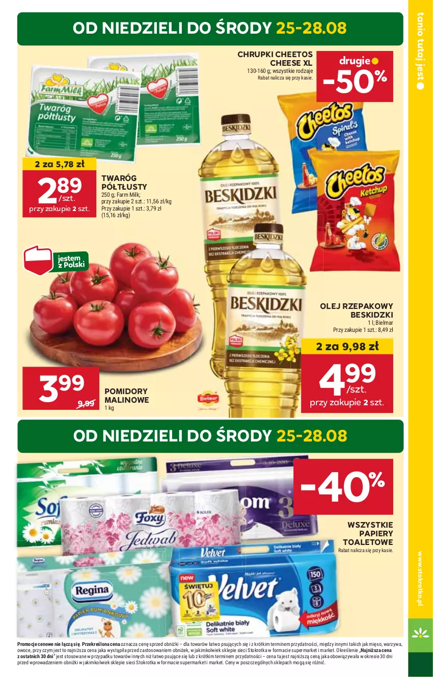 Gazetka promocyjna Stokrotka - Supermarket - ważna 22.08 do 28.08.2024 - strona 7 - produkty: Beskidzki, Cheetos, Chrupki, HP, Olej, Olej rzepakowy, Papier, Pomidory, Twaróg, Twaróg półtłusty