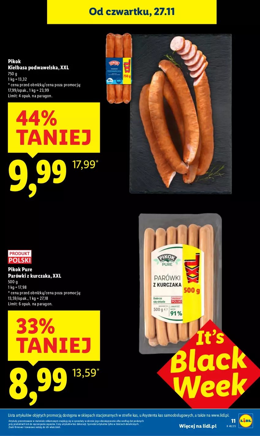 Gazetka promocyjna Lidl - GAZETKA - ważna 27.11 do 29.11.2025 - strona 11 - produkty: Kiełbasa, Kiełbasa podwawelska, Kurczak, Lack, Parówki, PIKOK, Pur, Wawel