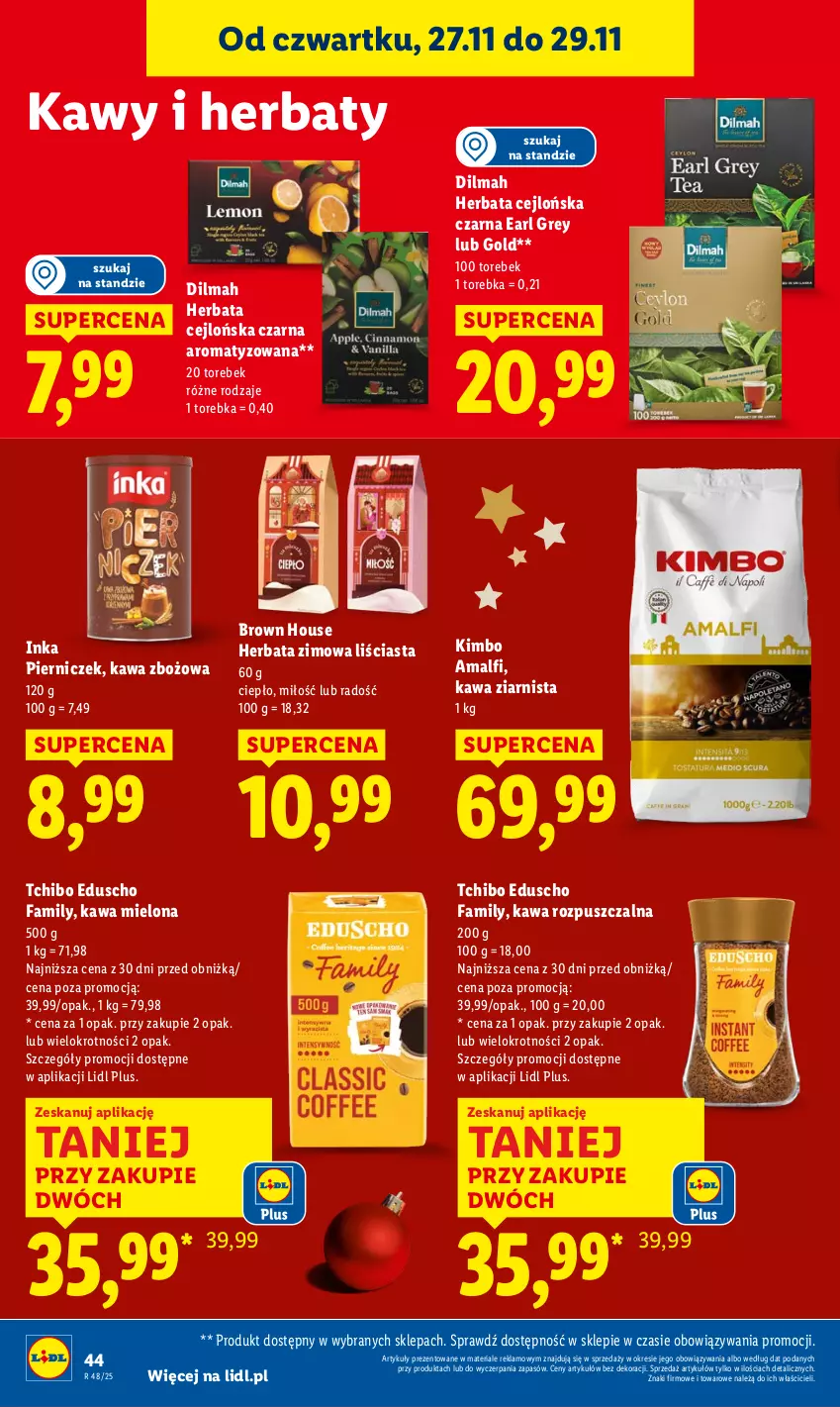 Gazetka promocyjna Lidl - GAZETKA - ważna 27.11 do 29.11.2025 - strona 44 - produkty: Dilmah, Earl Grey, Fa, Herbata, Inka, Kawa, Kawa mielona, Kawa rozpuszczalna, Kawa zbożowa, Kawa ziarnista, Tchibo, Torebka
