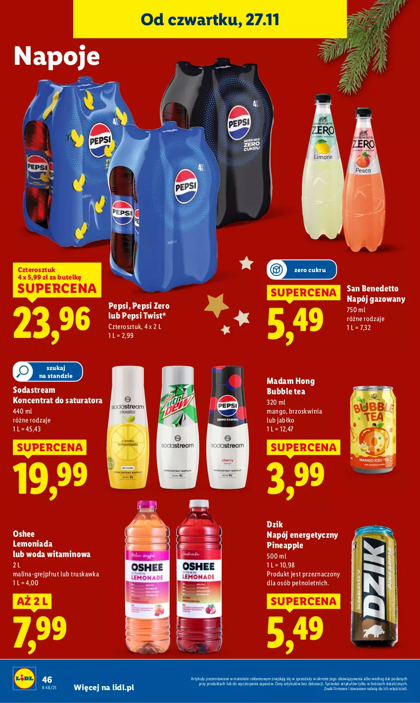Gazetka promocyjna Lidl - GAZETKA - ważna 27.11 do 29.11.2025 - strona 46 - produkty: Grejpfrut, Lemoniada, Mango, Napój, Napój energetyczny, Napój gazowany, Napoje, Oshee, Pepsi, Woda
