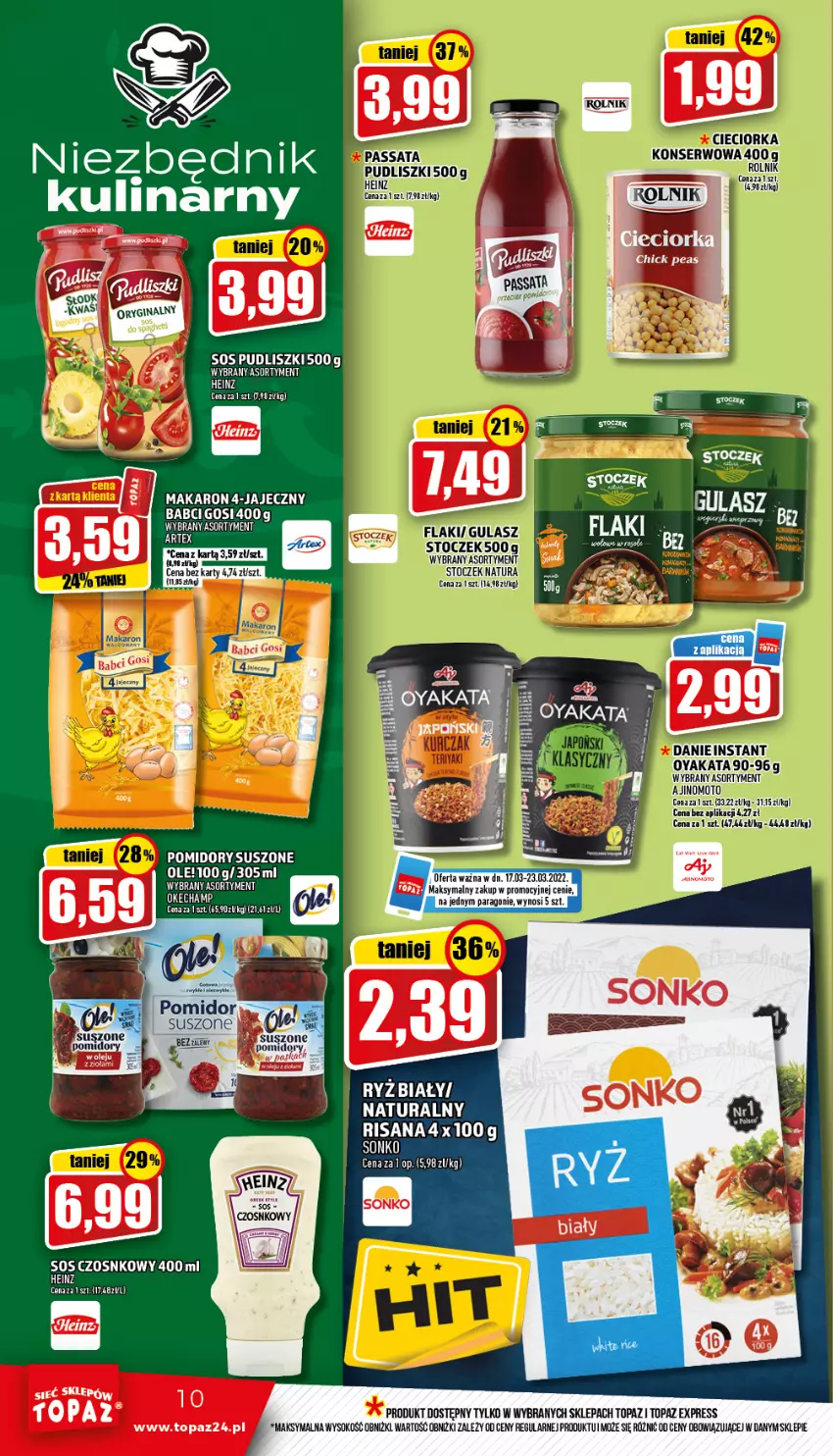 Gazetka promocyjna Topaz - Gazetka - ważna 17.03 do 23.03.2022 - strona 10 - produkty: Gin, Heinz, Isana, Makaron, Pomidory, Pudliszki, Risana, Ryż, Sok, Sonko, Top