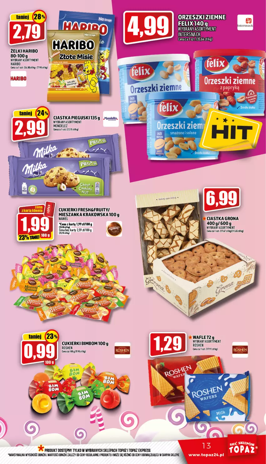 Gazetka promocyjna Topaz - Gazetka - ważna 17.03 do 23.03.2022 - strona 13 - produkty: Ciastka, Cukier, Cukierki, Haribo, Sok, Top, Wafle, Wawel