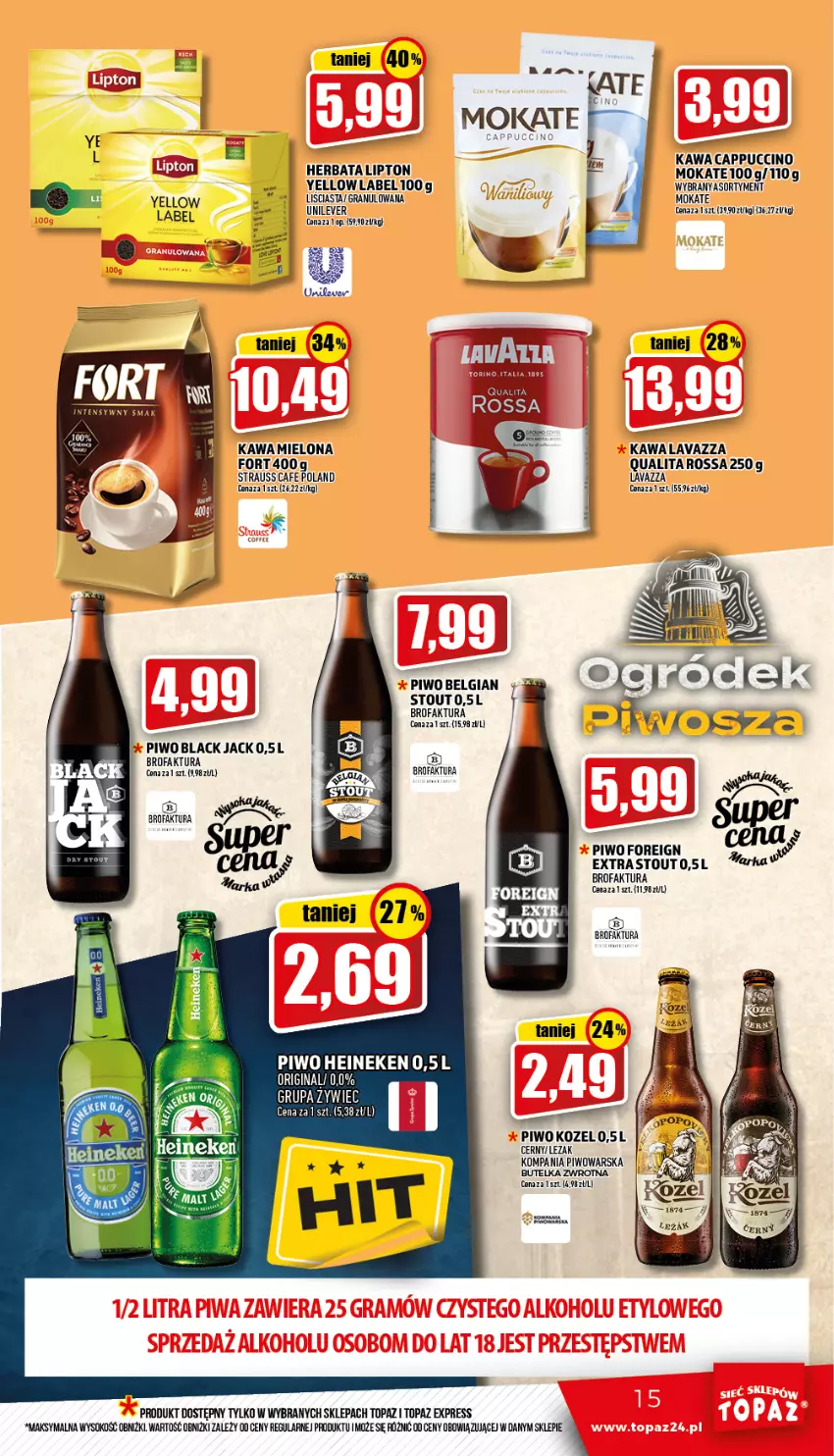 Gazetka promocyjna Topaz - Gazetka - ważna 17.03 do 23.03.2022 - strona 15 - produkty: Cappuccino, Fa, Gin, Gra, Heineken, Herbata, Kawa, Kozel, Lack, Lavazza, LG, Lipton, Ogród, Piwo, Sok, Top