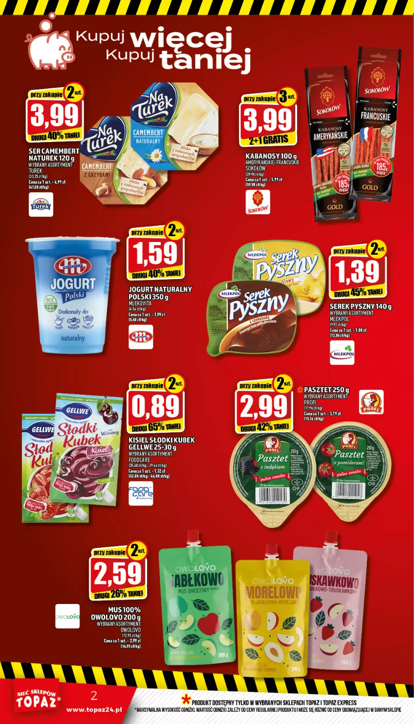 Gazetka promocyjna Topaz - Gazetka - ważna 17.03 do 23.03.2022 - strona 2 - produkty: Gra, Jogurt, Jogurt naturalny, Kabanos, Kisiel, Kubek, Mleko, Mlekovita, Mus, NaTurek, Pasztet, Por, Ser, Serek, Sok, Sokołów, Top