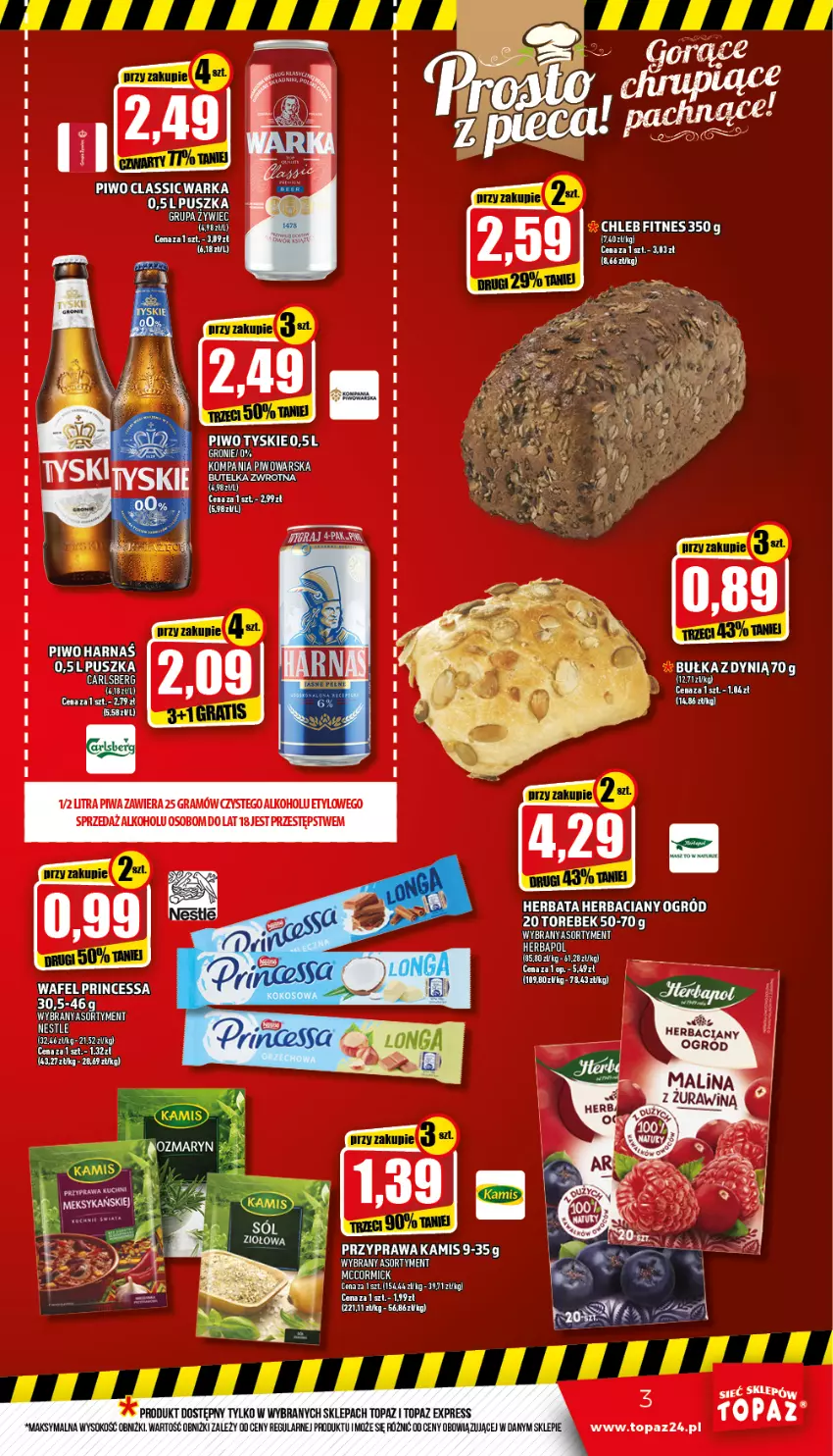 Gazetka promocyjna Topaz - Gazetka - ważna 17.03 do 23.03.2022 - strona 3 - produkty: Ariel, Bułka, Carlsberg, Chleb, Dynią, Gra, Harnaś, Herbapol, Herbata, Kamis, Ogród, Piwa, Piwo, Princessa, Sok, Top, Tyskie, Warka