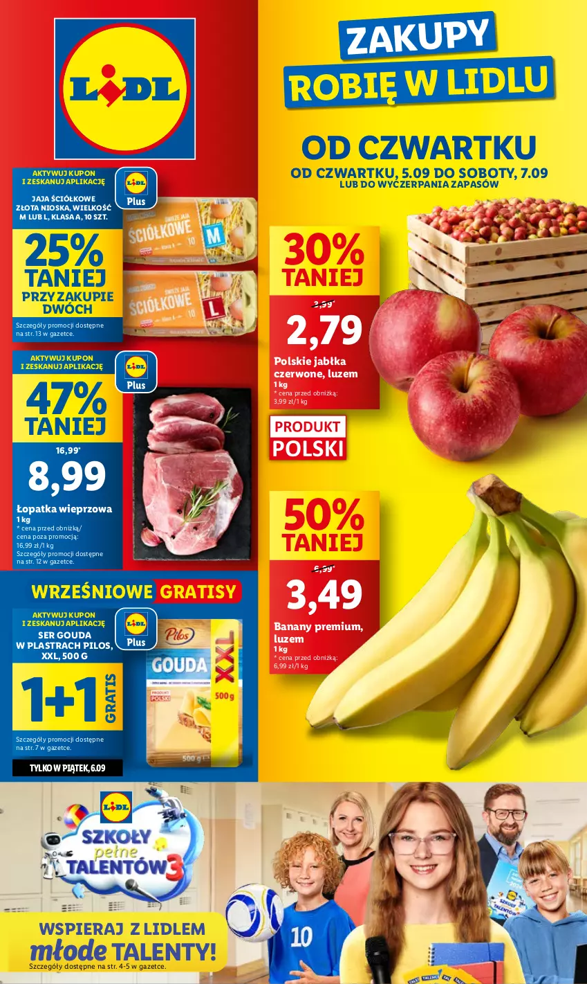 Gazetka promocyjna Lidl - GAZETKA - ważna 05.09 do 07.09.2024 - strona 1 - produkty: Banany, Gouda, Gra, Jabłka, Jaja, Pilos, Ser