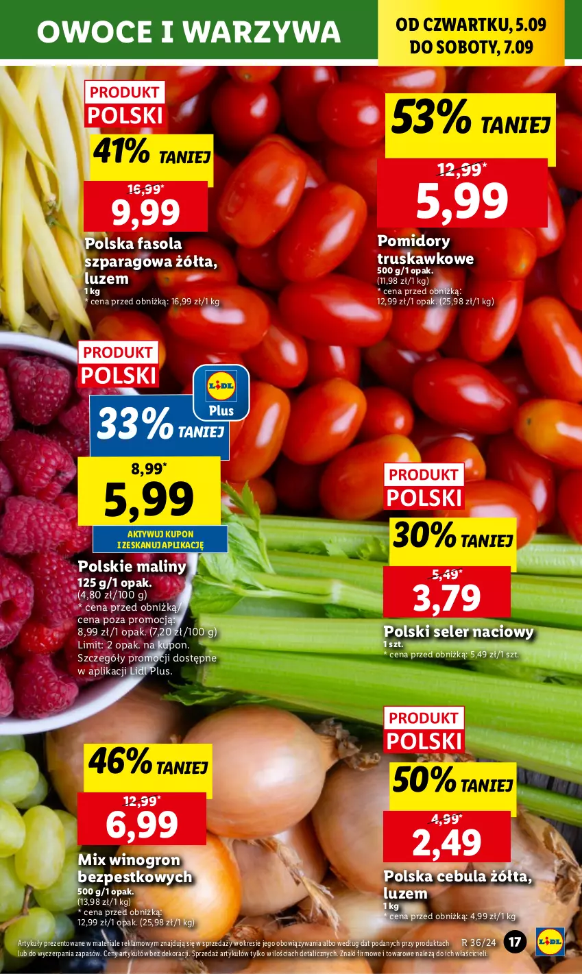 Gazetka promocyjna Lidl - GAZETKA - ważna 05.09 do 07.09.2024 - strona 23 - produkty: Cebula, Fa, Fasola, Fasola szparagowa, Maliny, Owoce, Pomidory, Seler naciowy, Warzywa, Wino