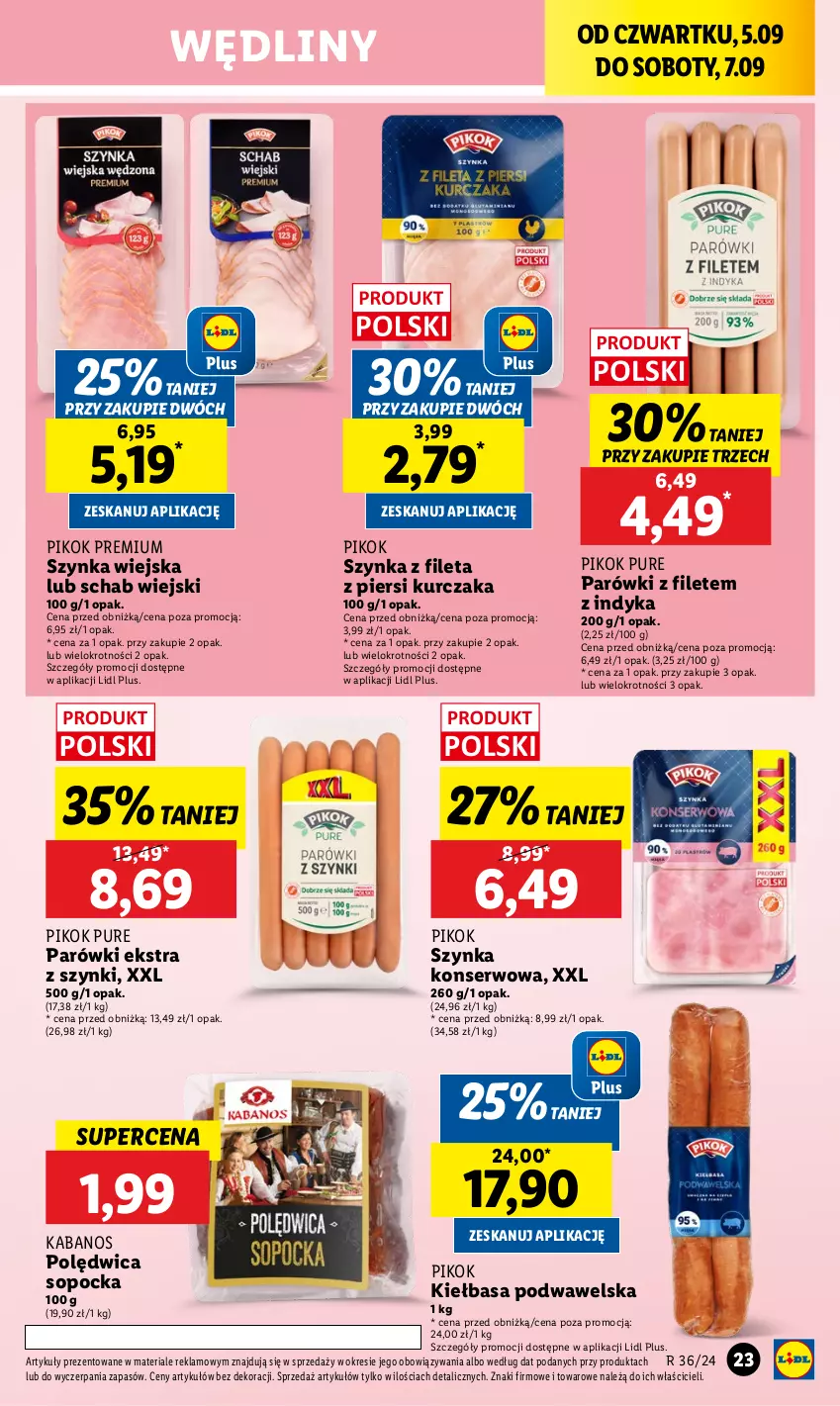 Gazetka promocyjna Lidl - GAZETKA - ważna 05.09 do 07.09.2024 - strona 29 - produkty: Kabanos, Kiełbasa, Kiełbasa podwawelska, Kurczak, Parówki, PIKOK, Polędwica, Pur, Ser, Szynka, Szynka konserwowa, Wawel