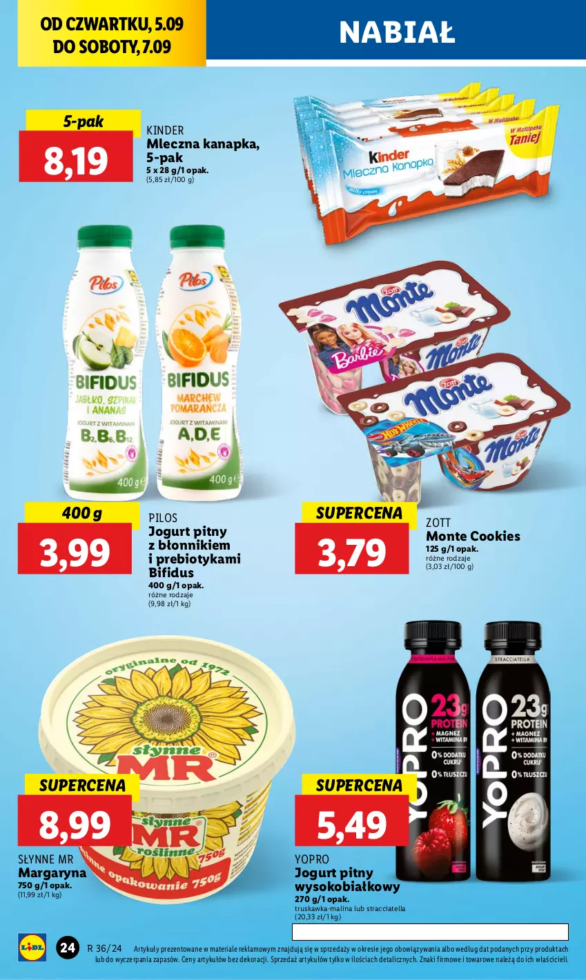 Gazetka promocyjna Lidl - GAZETKA - ważna 05.09 do 07.09.2024 - strona 30 - produkty: Jogurt, Jogurt pitny, Kinder, Margaryna, Mleczna kanapka, Monte, Pilos, Słynne, Sok, Zott