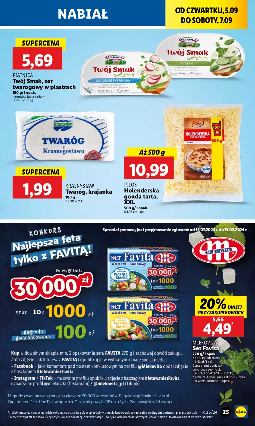 Gazetka promocyjna Lidl - GAZETKA - ważna 05.09 do 07.09.2024 - strona 31 - produkty: Fa, Favita, Gouda, Mleko, Mlekovita, Piątnica, Pilos, Ser, Ser twarogowy, Tarta, Twaróg, Twój Smak