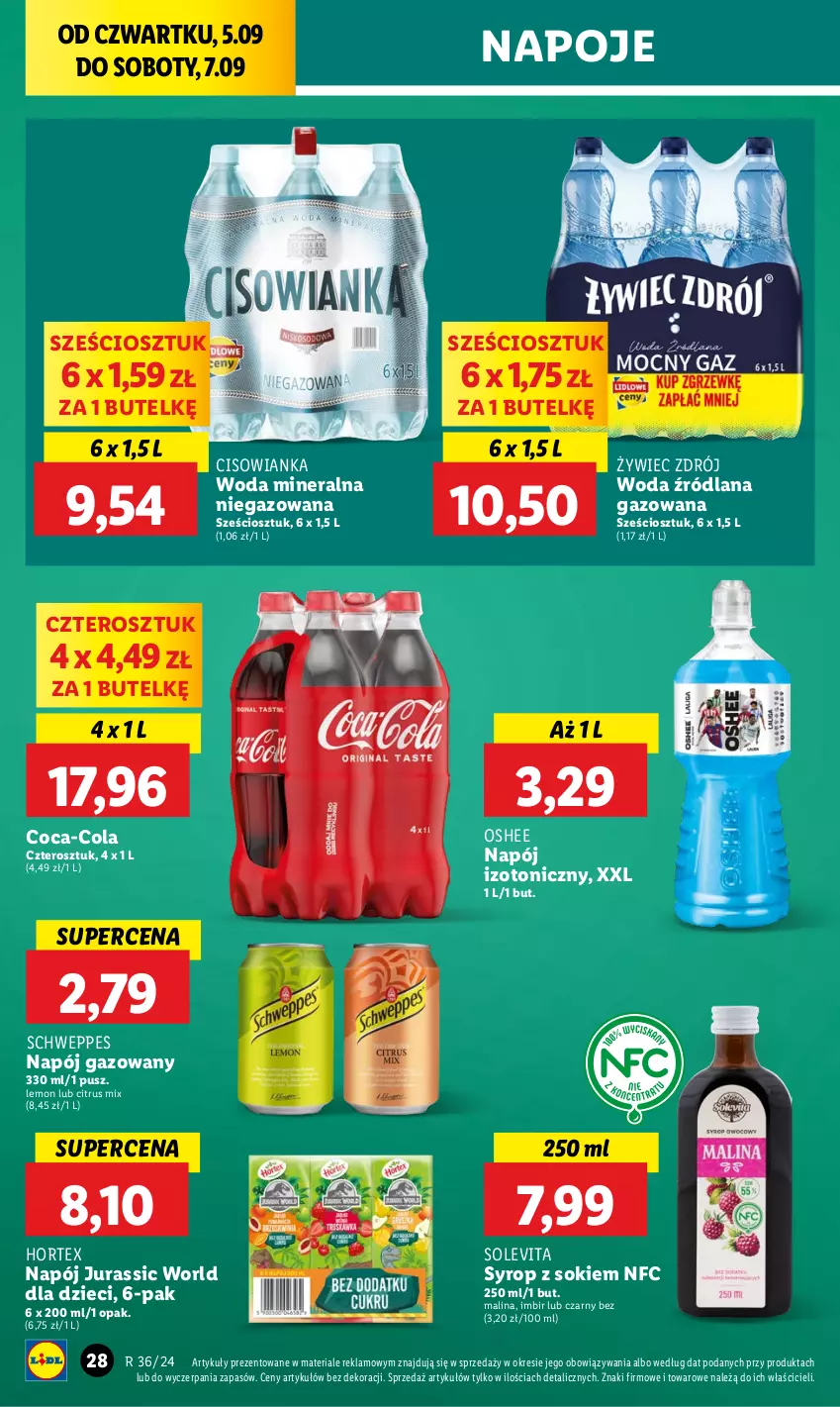 Gazetka promocyjna Lidl - GAZETKA - ważna 05.09 do 07.09.2024 - strona 34 - produkty: Cisowianka, Coca-Cola, Dzieci, Hortex, Imbir, Jurassic World, LANA, Napój, Napój gazowany, Napój izotoniczny, Napoje, Oshee, Schweppes, Sok, Syrop, Woda, Woda mineralna