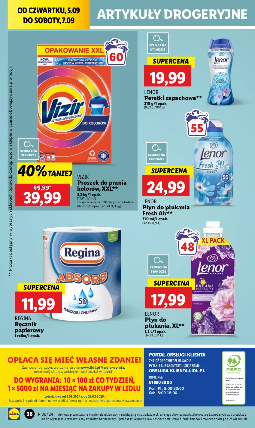 Gazetka promocyjna Lidl - GAZETKA - ważna 05.09 do 07.09.2024 - strona 46 - produkty: Gin, Gra, Lenor, Mola, Papier, Perełki zapachowe, Płyn do płukania, Proszek do prania, Ręcznik, Vizir