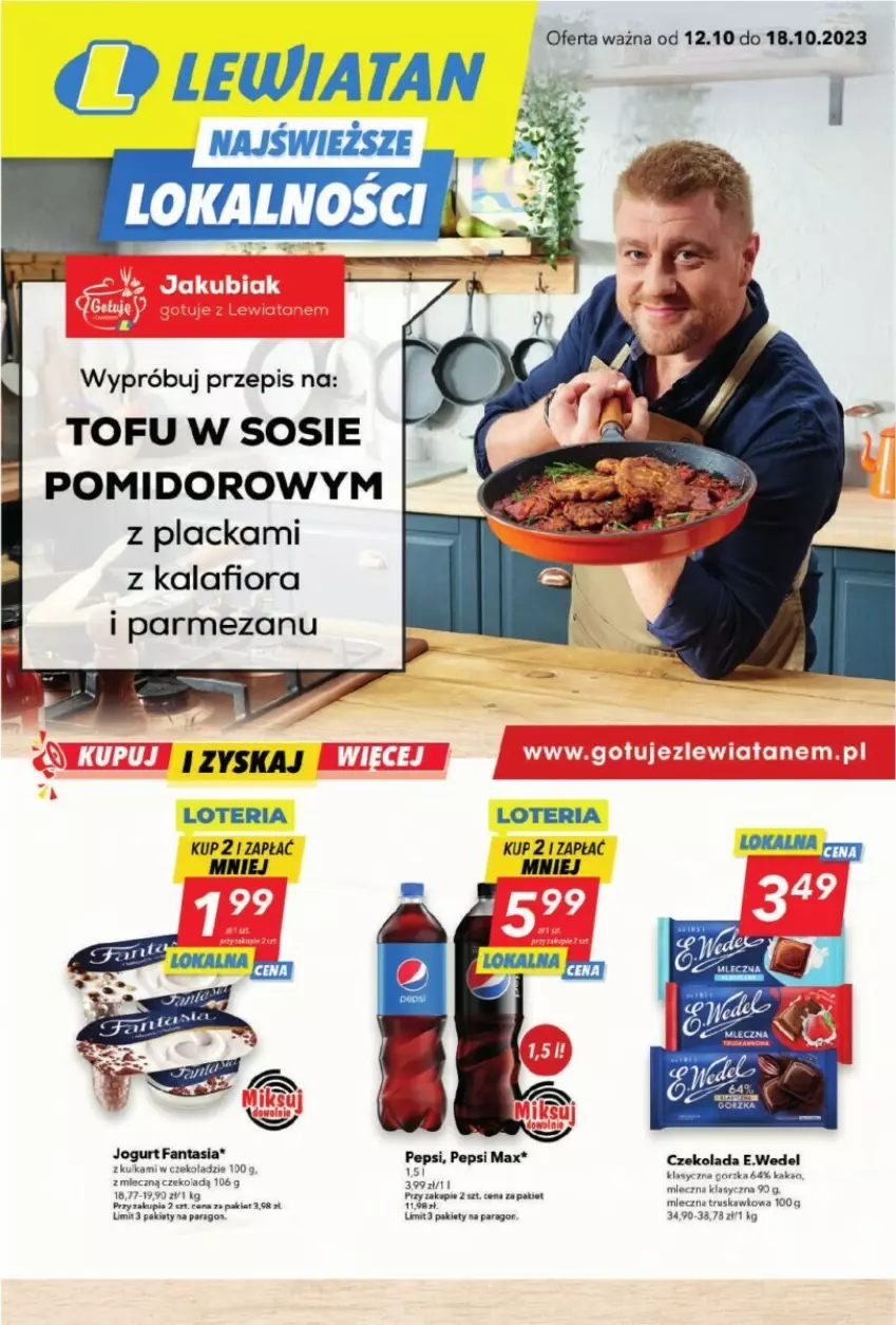 Gazetka promocyjna  - ważna 12.10 do 18.10.2023 - strona 1 - produkty: Czekolada, Fa, Fanta, Jogurt, Kakao, Kalafior, Lack, Miecz, Parmezan, Pepsi, Pepsi max, Sos, Tofu