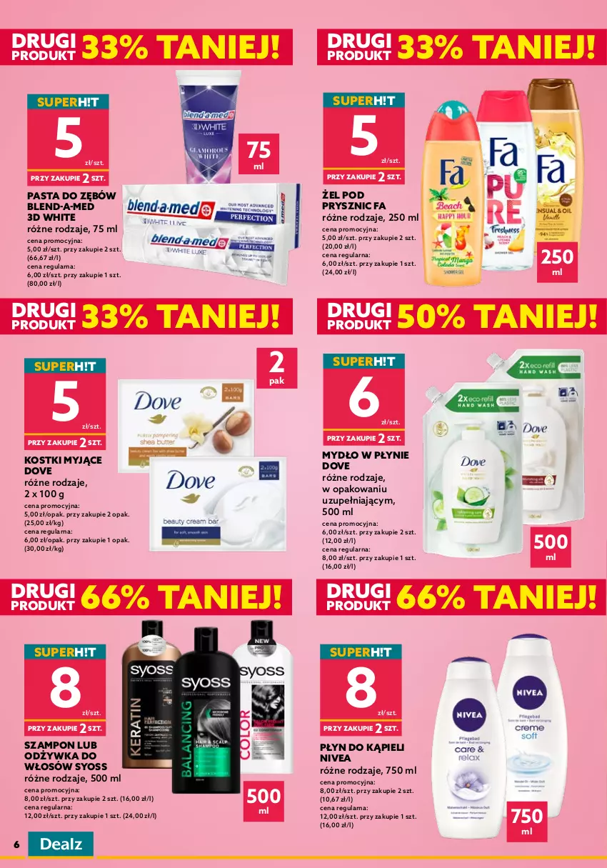 Gazetka promocyjna Dealz - NOWA GAZETKA - od 06.07.2022!Wielkie Marki Mini Ceny - ważna 06.07 do 12.07.2022 - strona 6 - produkty: Blend-a-Med, Dove, Fa, Fairy, Mydło, Mydło w płynie, Nivea, Odżywka, Papier, Papier toaletowy, Pasta do zębów, Płyn do kąpieli, Płyn do płukania, Pur, Ręcznik, Ręczniki papierowe, Rolki, Syoss, Szampon, Zmywarki