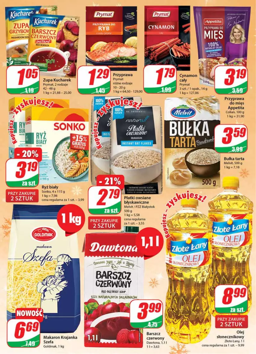 Gazetka promocyjna Dino - Gazetka - ważna 07.12 do 13.12.2022 - strona 10 - produkty: Bułka, Bułka tarta, Dawtona, Kucharek, Makaron, Melvit, Mus, Olej, Płatki owsiane, Prymat, Ryż, Ryż biały, Sonko, Szal, Tarta, Zupa