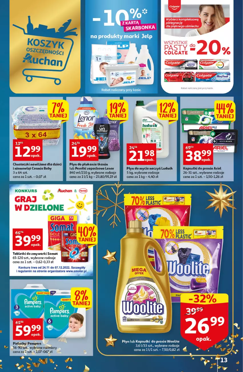 Gazetka promocyjna Auchan - Gazetka Magia Oszczędzania Auchan Hipermarket - ważna 24.11 do 30.11.2022 - strona 13 - produkty: Ariel, Chusteczki, Do mycia naczyń, Dzieci, Kapsułki do prania, Lenor, Ludwik, Mola, Pampers, Perełki zapachowe, Pieluchy, Płyn do mycia, Płyn do mycia naczyń, Płyn do płukania, Somat, Tablet, Tabletki do zmywarki, Woolite, Zmywarki