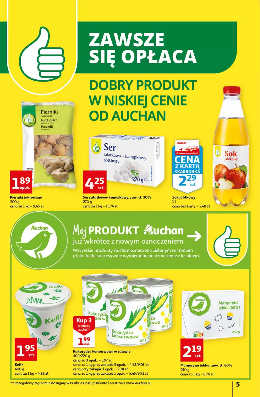 Gazetka promocyjna Auchan - Gazetka Magia Oszczędzania Auchan Hipermarket - ważna 24.11 do 30.11.2022 - strona 5 - produkty: Kefir, Kukurydza, Kukurydza konserwowa, Margaryna, Piernik, Sałat, Ser, Ser sałatkowo-kanapkowy, Sok, Sok jabłkowy