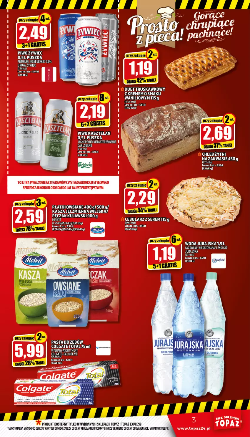 Gazetka promocyjna Topaz - Gazetka - ważna 10.03 do 16.03.2022 - strona 3 - produkty: Carlsberg, Cebula, Chleb, Colgate, Colgate Total, Gra, Kasza, Kasza jęczmienna, Kasztelan, Kujawski, LG, Piwa, Piwo, Ser, Sok, Top, Woda