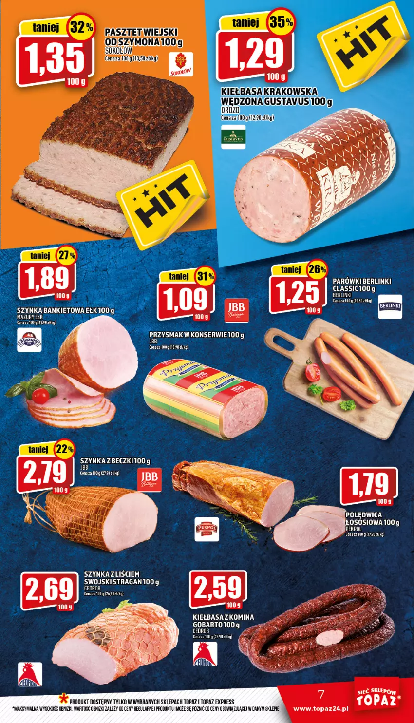 Gazetka promocyjna Topaz - Gazetka - ważna 10.03 do 16.03.2022 - strona 7 - produkty: Berlinki, Kiełbasa, Pasztet, Sok, Sokołów, Szynka, Top