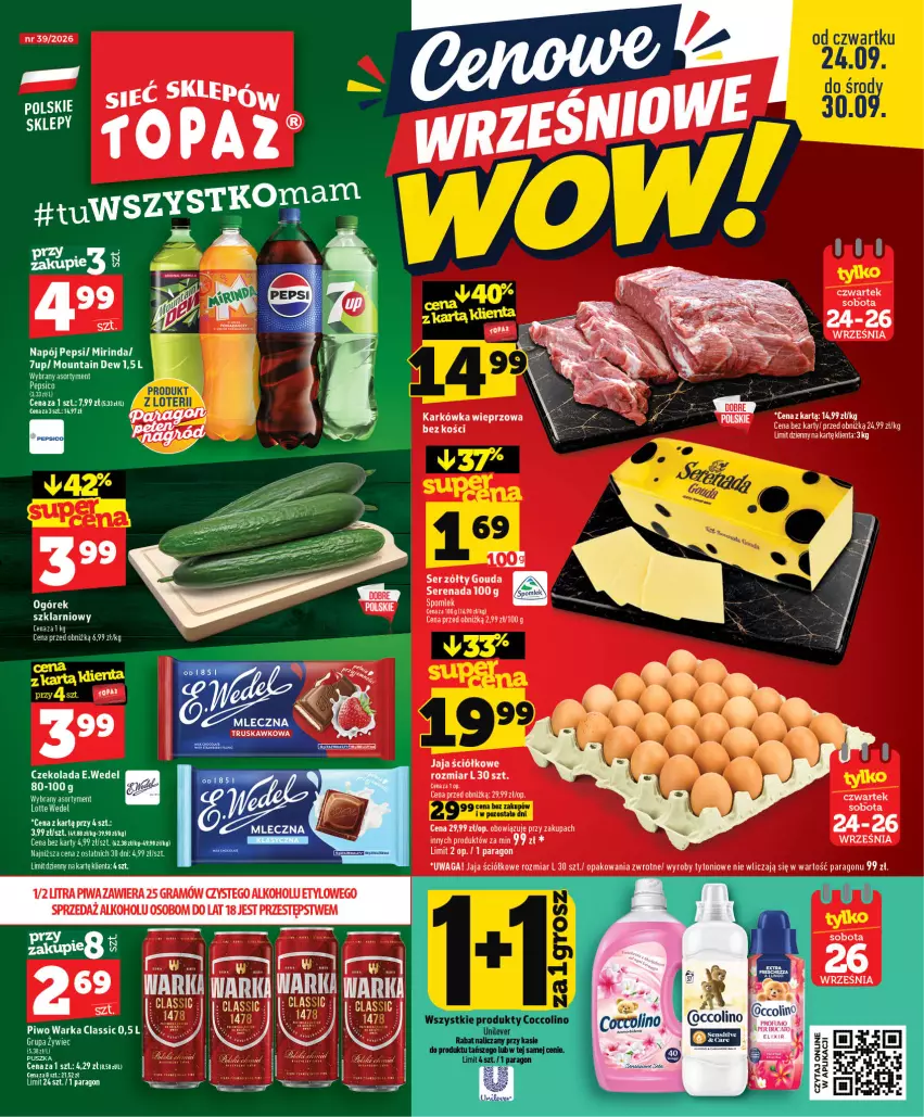 Gazetka promocyjna Topaz - Gazetka - ważna 24.09 do 30.09.2026 - strona 1 - produkty: 7up, Czekolada, Fa, Gra, Jaja, Karkówka wieprzowa, LG, Piwa, Piwo, Ser, Warka