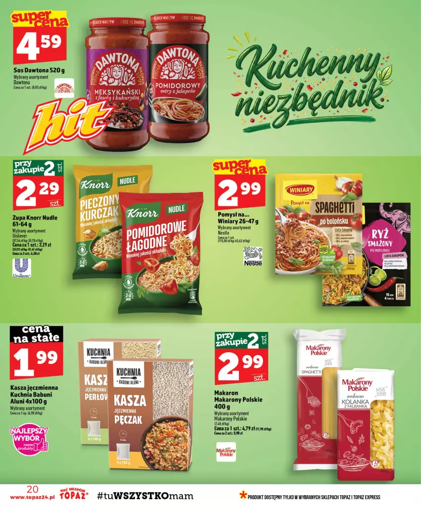 Gazetka promocyjna Topaz - Gazetka - ważna 24.09 do 30.09.2026 - strona 20 - produkty: Babuni, Dawtona, Fa, Kasza, Kasza jęczmienna, Knorr, Kuchnia, Makaron, Sos, Spaghetti, Top, Winiary, Zupa