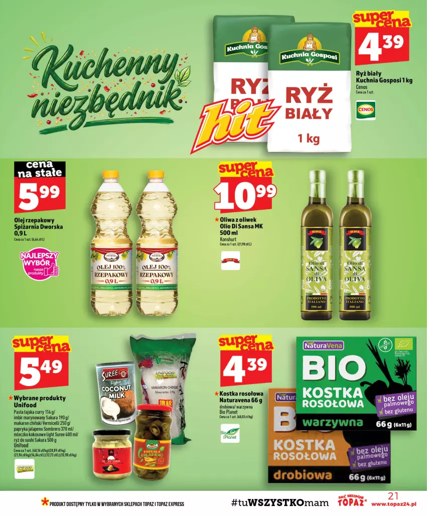 Gazetka promocyjna Topaz - Gazetka - ważna 24.09 do 30.09.2026 - strona 21 - produkty: Cenos, Imbir, Kokos, Kuchnia, Makaron, Makaron chiński, Mleczko, Olej, Olej rzepakowy, Oliwa z oliwek, Papryka, Ryż, Ryż do sushi, Sushi