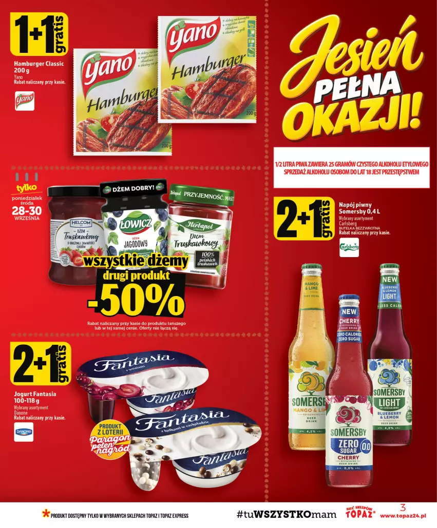 Gazetka promocyjna Topaz - Gazetka - ważna 24.09 do 30.09.2026 - strona 3 - produkty: Burger, Danone, Dżem, Fa, Fanta, Gra, Hamburger, Jogurt, Mango, Napój, Piwa, Somersby, Top