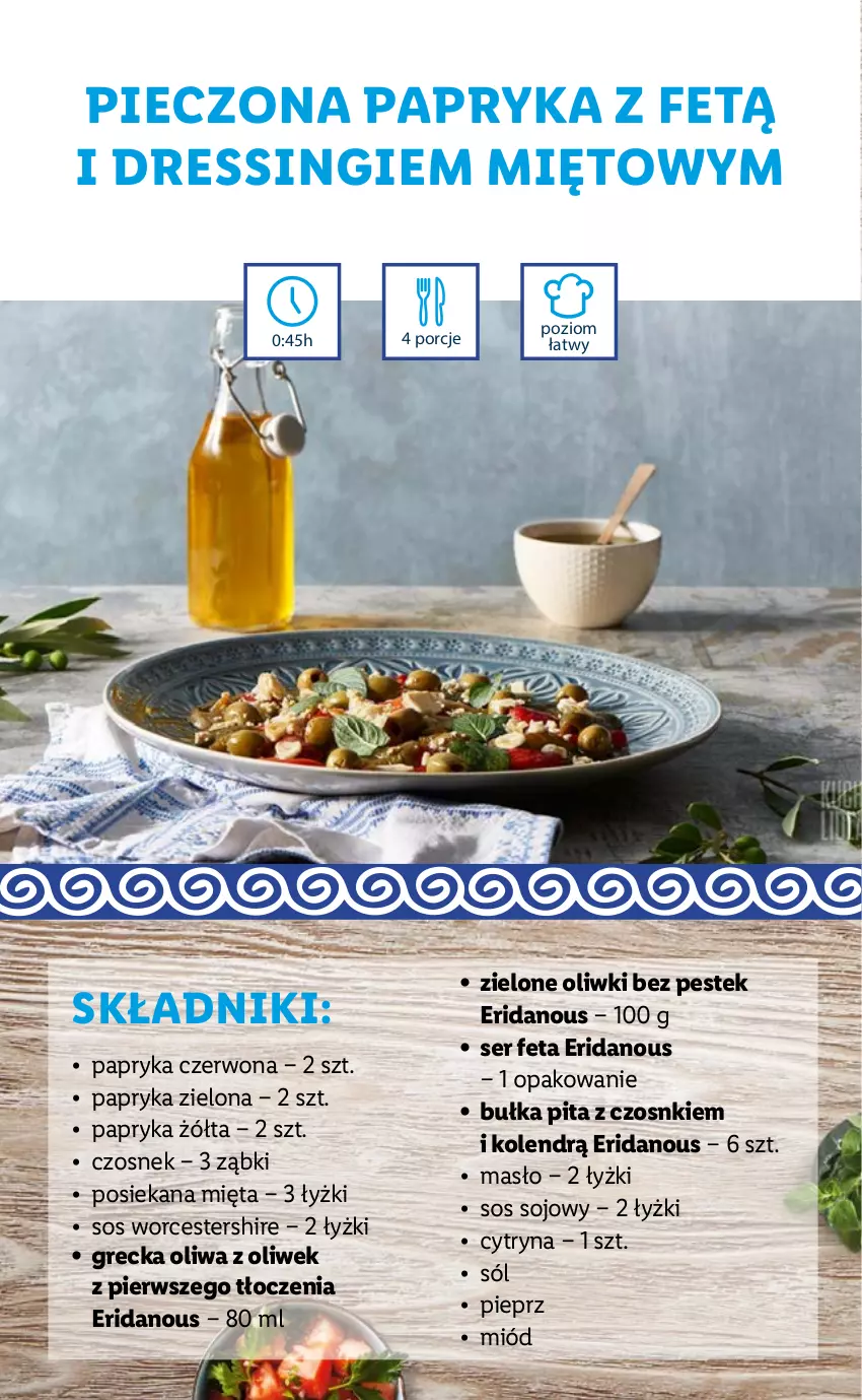 Gazetka promocyjna Lidl - KATALOG Z OFERTĄ W STYLU GRECKIM - ważna 25.10 do 29.10.2021 - strona 12 - produkty: Bułka, Czosnek, Dres, Feta, Masło, Mięta, Miód, Oliwa z oliwek, Oliwki, Papryka, Papryka czerwona, Papryka żółta, Piec, Pieprz, Por, Ser, Sól, Sos, Sos sojowy, Stek