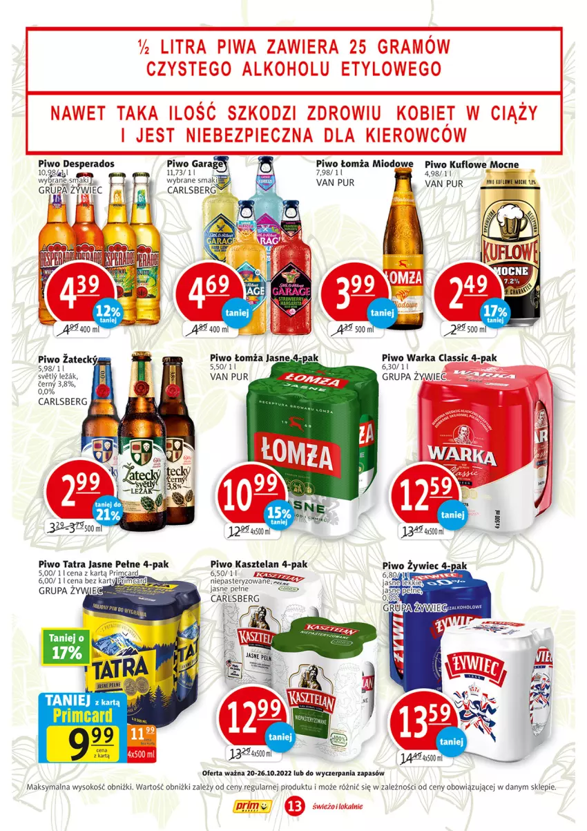 Gazetka promocyjna Prim Market - ważna 20.10 do 26.10.2022 - strona 13 - produkty: Carlsberg, Desperados, Kasztelan, Piwo, Pur, Rum, Sok, Tatra, Warka