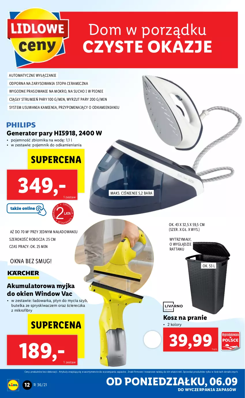 Gazetka promocyjna Lidl - GAZETKA - ważna 06.09 do 11.09.2021 - strona 12 - produkty: Akumulator, Butelka ze spryskiwaczem, Generator pary, Kosz, Myjka do okien, Płyn do mycia, Pojemnik, Por, Rum, Top, Warka