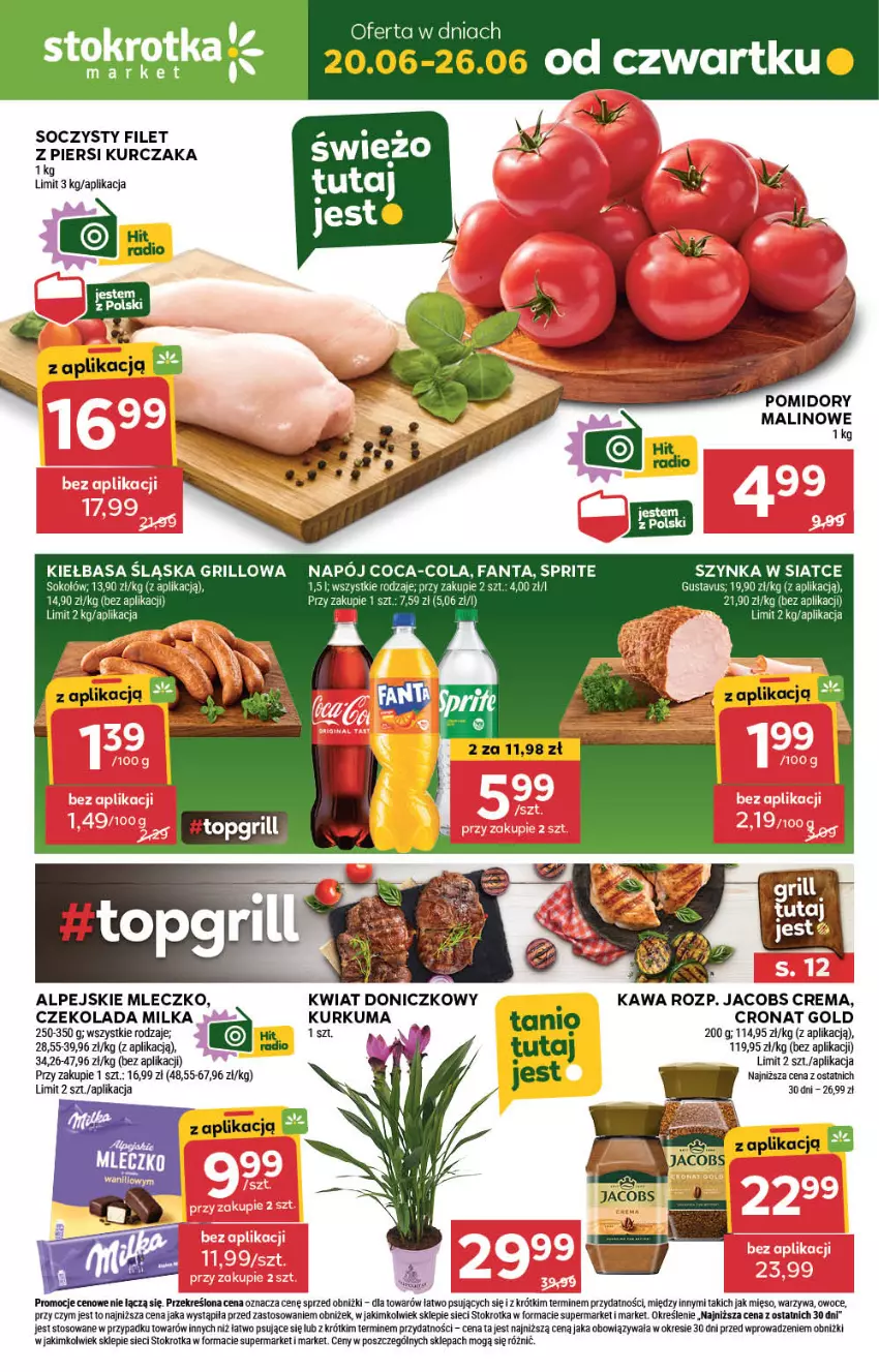 Gazetka promocyjna Stokrotka - Market - ważna 20.06 do 26.06.2024 - strona 1 - produkty: Coca-Cola, Czekolada, Grill, Jacobs, Kawa, Kurczak, Kurkuma, LG, Mięso, Milka, Mleczko, Owoce, Pomidory, Szynka, Warzywa