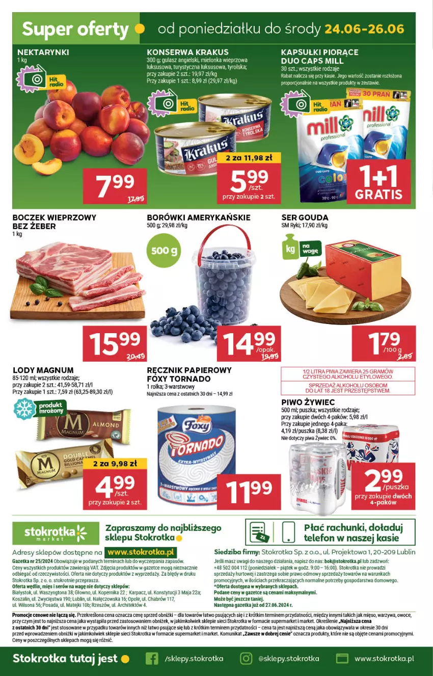 Gazetka promocyjna Stokrotka - Market - ważna 20.06 do 26.06.2024 - strona 19 - produkty: Boczek, Boczek wieprzowy, Dres, Foxy, Gouda, JBL, Karp, Kosz, Krakus, Lody, Mięso, Nektar, O nas, Owoce, Papier, Piwa, Piwo, Ręcznik, Ser, Szal, Telefon, Wagi, Warzywa, Wilson