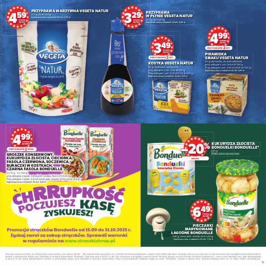 Gazetka promocyjna Stokrotka - Katalog Urodziny! - ważna 11.09 do 24.09.2025 - strona 15 - produkty: Bonduelle, Buraczki, Cieciorka, Fa, Fasola, Groszek, Kukurydza, Mięso, Orka, Owoce, Piec, Piramidka smaku, Przyprawa w płynie, Ser, Vegeta, Vegeta Natur, Warzywa