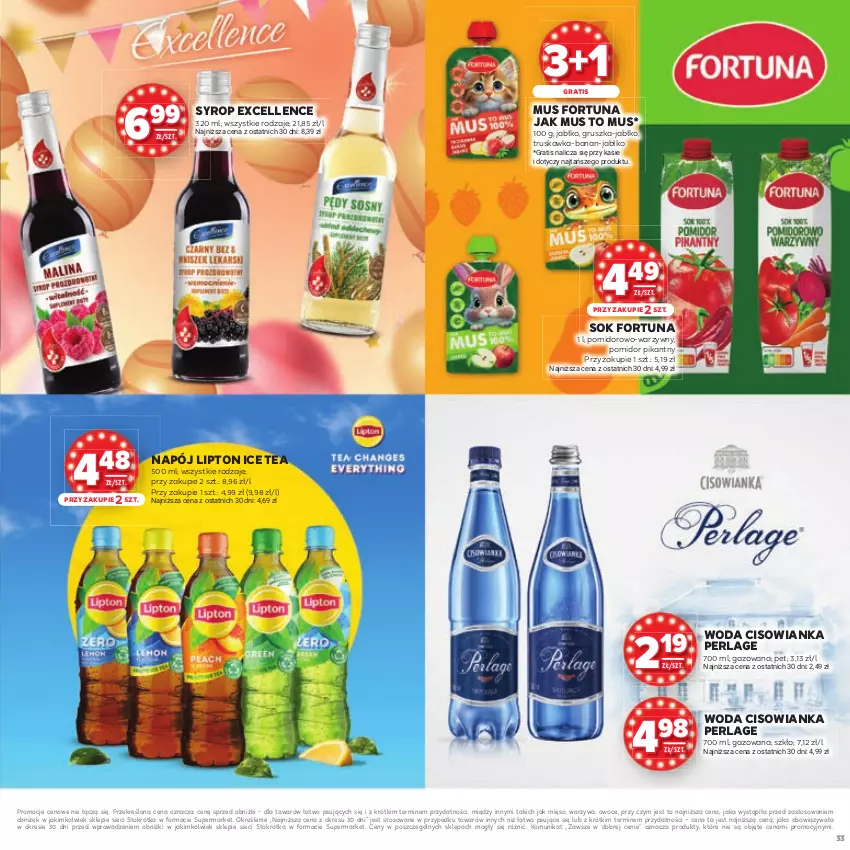 Gazetka promocyjna Stokrotka - Katalog Urodziny! - ważna 11.09 do 24.09.2025 - strona 33 - produkty: Cisowianka, Fortuna, Gra, Ice tea, Lipton, Mięso, Mus, Napój, Owoce, Sok, Syrop, Warzywa, Woda