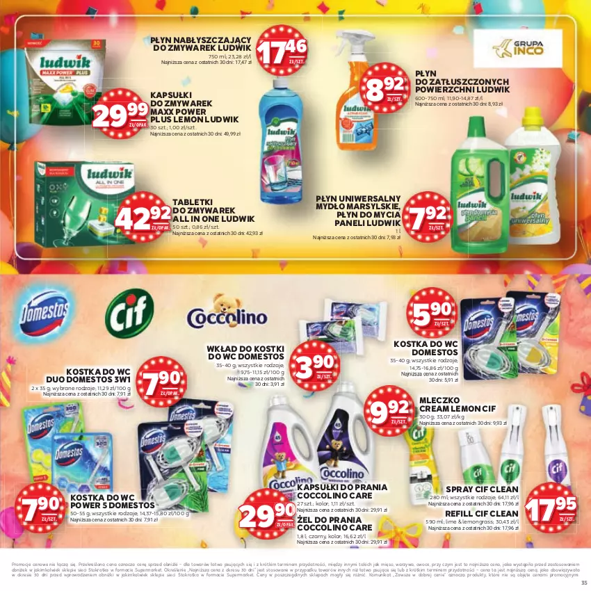 Gazetka promocyjna Stokrotka - Katalog Urodziny! - ważna 11.09 do 24.09.2025 - strona 35 - produkty: Cif, Coccolino, Domestos, Gra, Kapsułki do prania, Kostka do wc, Ludwik, Mars, Mięso, Mleczko, Mydło, Owoce, Płyn do mycia, Płyn do mycia paneli, Płyn nabłyszczający, Tablet, Warzywa
