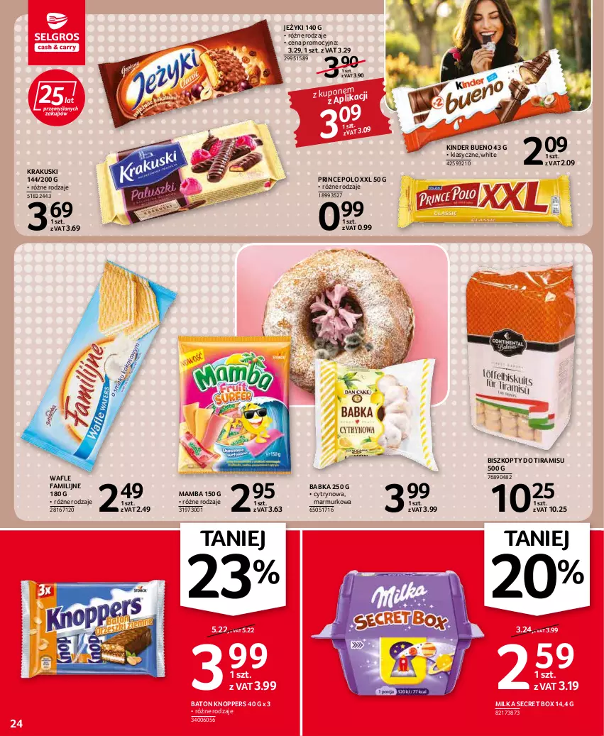 Gazetka promocyjna Selgros - Oferta spożywcza - ważna 31.03 do 06.04.2022 - strona 24 - produkty: Babka, Baton, Biszkopty, Fa, Jeżyki, Kinder, Kinder Bueno, Knoppers, Krakus, Krakuski, Mamba, Milka, Prince Polo, Wafle