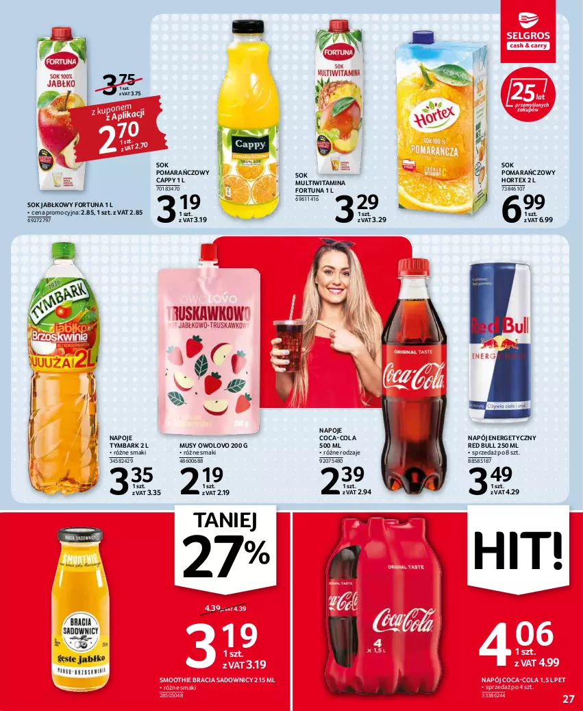 Gazetka promocyjna Selgros - Oferta spożywcza - ważna 31.03 do 06.04.2022 - strona 27 - produkty: Cappy, Coca-Cola, Fortuna, Hortex, Mus, Napój, Napój energetyczny, Napoje, Red Bull, Smoothie, Sok, Sok jabłkowy, Sok pomarańczowy, Tymbark