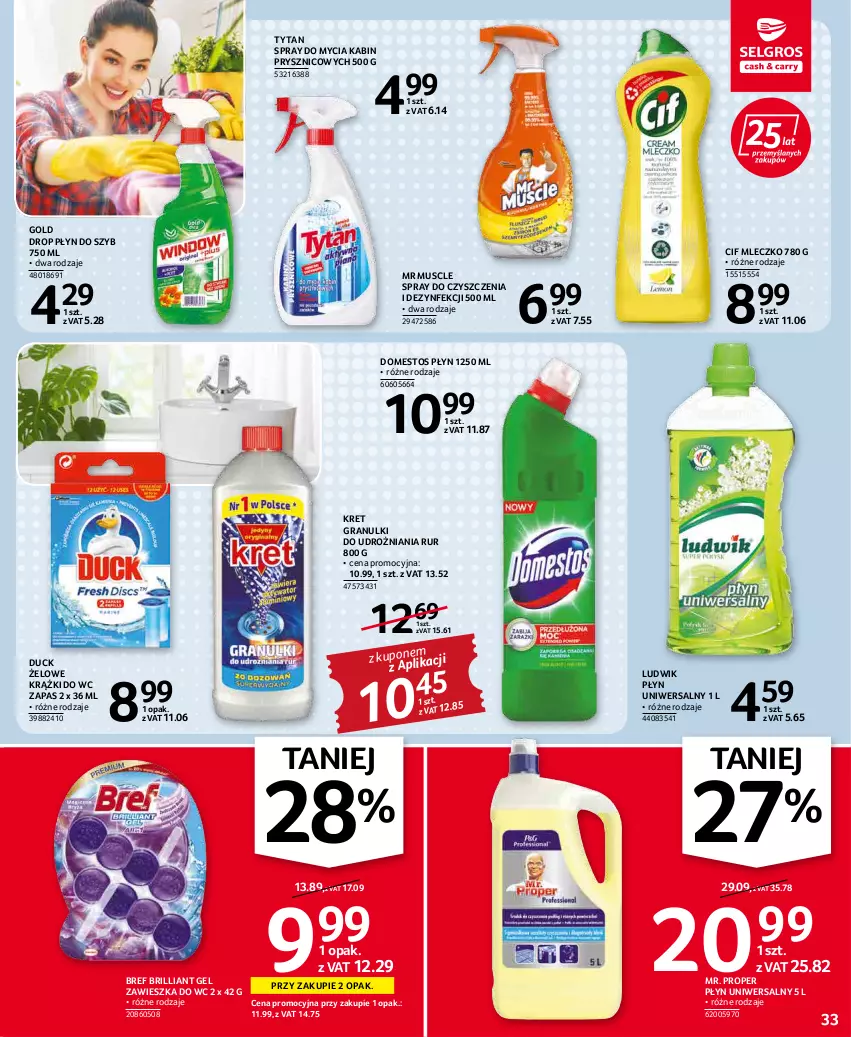 Gazetka promocyjna Selgros - Oferta spożywcza - ważna 31.03 do 06.04.2022 - strona 33 - produkty: Bref, Cif, Domestos, Duck, Gra, Kret, Ludwik, Mleczko, Mr. Proper, Mus, Płyn do szyb, Spray do czyszczenia, Tytan, Zawieszka do wc