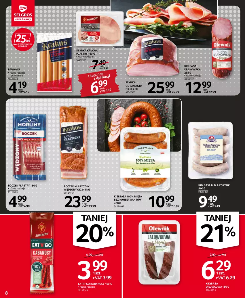 Gazetka promocyjna Selgros - Oferta spożywcza - ważna 31.03 do 06.04.2022 - strona 8 - produkty: Boczek, Gra, Kabanos, Kiełbasa, Kiełbasa biała, Kiełbasa krakowska, Parówki, Rama, Ser, Szynka