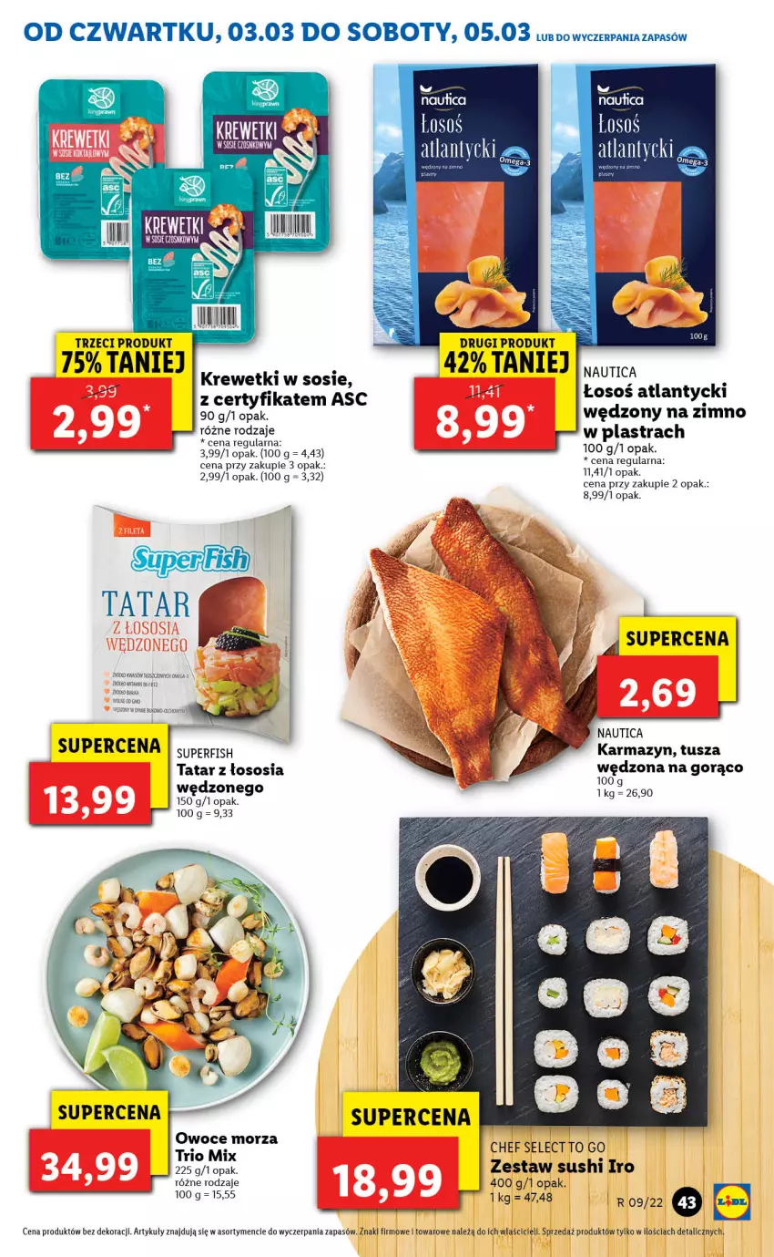 Gazetka promocyjna Lidl - GAZETKA - ważna 03.03 do 05.03.2022 - strona 43 - produkty: Krewetki, Owoce, Owoce morza, Sos, Sushi, Tusz