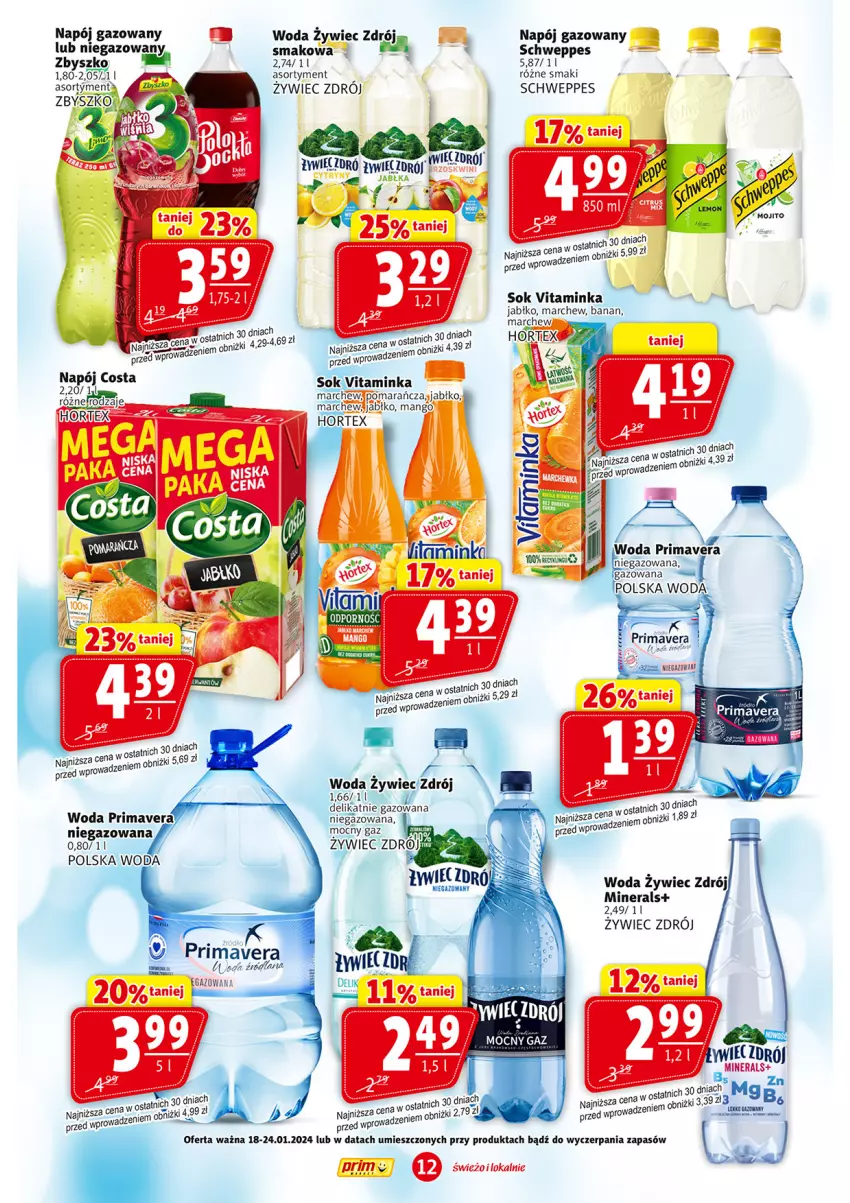 Gazetka promocyjna Prim Market - ważna 18.01 do 24.01.2024 - strona 12 - produkty: Hortex, Inka, Mango, Napój, Napój gazowany, Prima, Primavera, Schweppes, Ser, Sok, Woda